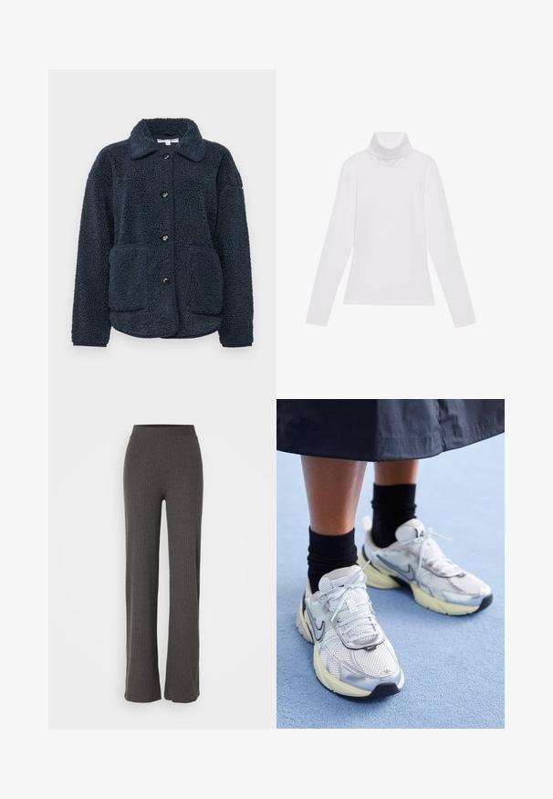Marineblå fleecejakke med tekstureret stof, knaplukning, spidse krave og to forlommer. Designet til varme og komfort.; Hvid langærmet turtle-neck top lavet af glat, strækbart stof. Har en høj krave og tætsiddende design, uden synlige mønstre eller udsmykninger.; Grå ribbet strikkede bukser med vid ben og elastisk talje. Stoffet har et tekstureret udseende, der giver en afslappet pasform.; Hvide og sølv Nike sneakers med mesh-stof, reflekterende detaljer og en beige sål. Bæres med sorte sokker og står på en blå overflade.