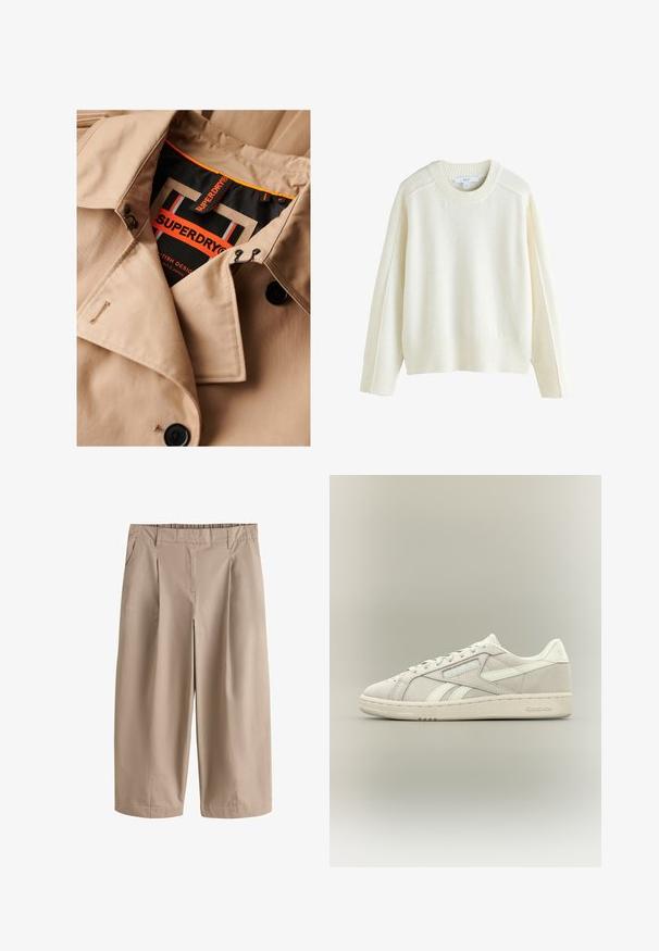 Gabán beige con botones oscuros, diseño de doble botonadura y forro de cuello negro. Presenta una etiqueta "SUPERDRY" en naranja y negro.; Next CREW NECK - Jersey de punto - ecru; Pantalones cortos de pierna ancha beige con pliegues frontales, bolsillos laterales, trabillas para cinturón y una cintura ajustada.; Zapatilla Reebok baja en color off-white con cordones delanteros, suela texturizada y discreto logotipo de Reebok en el lateral y talón sobre fondo liso.