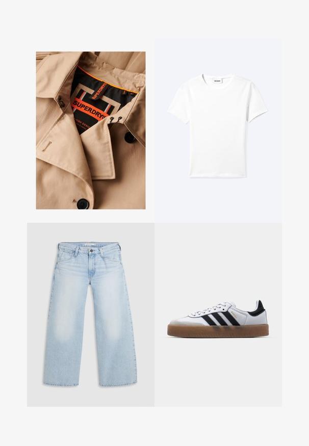 Gabán beige con botones oscuros, diseño de doble botonadura y forro de cuello negro. Presenta una etiqueta "SUPERDRY" en naranja y negro.; Camiseta blanca lisa de manga corta con cuello redondo y una pequeña etiqueta "WEEKDAY" dentro del cuello, mostrada extendida sobre un fondo claro.; Jeans de pierna ancha en un suave tono azul, confeccionados en denim. Presentan corte recto, diseño de cinco bolsillos y un cierre de botón en la cintura.; Zapatillas de cuero blancas con rayas negras, suela de goma, puntera redonda, cierre de cordones y caperuza de ante gris suave.