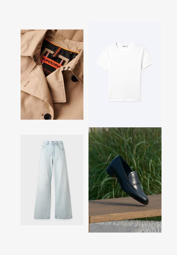 Gabán beige con botones oscuros, diseño de doble botonadura y forro de cuello negro. Presenta una etiqueta "SUPERDRY" en naranja y negro.; Camiseta blanca lisa de manga corta con cuello redondo y una pequeña etiqueta "WEEKDAY" dentro del cuello, mostrada extendida sobre un fondo claro.; Vaqueros de pierna ancha y cintura alta de color azul claro con botones y cremallera delanteros, bolsillos delanteros y trabillas para cinturón sobre un fondo blanco.; Mocasín negro de cuero con tacón bajo equilibrándose en el borde de un banco de madera al aire libre con hierba alta y verde de fondo.