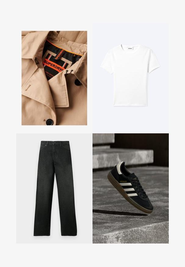 Beige trenchcoat met donkere knopen, dubbele borstsluiting en zwarte kraagvoering. Voorzien van een "SUPERDRY" label in oranje en zwart.; Effen wit T-shirt met korte mouwen en ronde hals met een klein "WEEKDAY" label aan de binnenkant van de hals, plat neergelegd op een lichte achtergrond.; Zwarte denim jeans met rechte pijpen, voorzakken en lusschachten voor een riem, knoop- en ritssluiting, tentoongesteld tegen een effen achtergrond.; Zwarte Adidas sneaker met witte strepen en gumzool die boven grijze betonnen trappen zweeft in natuurlijk licht.