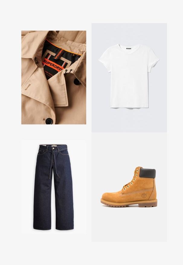 Gabán beige con botones oscuros, diseño de doble botonadura y forro de cuello negro. Presenta una etiqueta "SUPERDRY" en naranja y negro.; Camiseta blanca lisa de manga corta y cuello en V, con una pequeña etiqueta "WEEKDAY" en el interior del cuello, mostrada sobre un fondo gris claro.; Jeans de mezclilla oscuros de pierna ancha con cintura alta, que cuentan con un lazo ajustable, cinco bolsillos y detalles de costura en contraste.; Botín de cuero marrón con acolchado negro, ojales dorados y suela texturizada. Presenta un logotipo circular en el costado y acentos de costura.