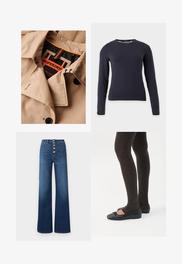 Gabán beige con botones oscuros, diseño de doble botonadura y forro de cuello negro. Presenta una etiqueta "SUPERDRY" en naranja y negro.; Camiseta lisa azul marino oscuro de manga larga con cuello redondo y corte entallado sobre fondo blanco.; ONLY ONLMADISON BLUSH BUT WIDE - Vaqueros boyfriend - medium blue denim; Piernas con leggings oscuros acanalados combinados con bailarinas negras que presentan pequeños detalles de lazo sobre un fondo blanco.
