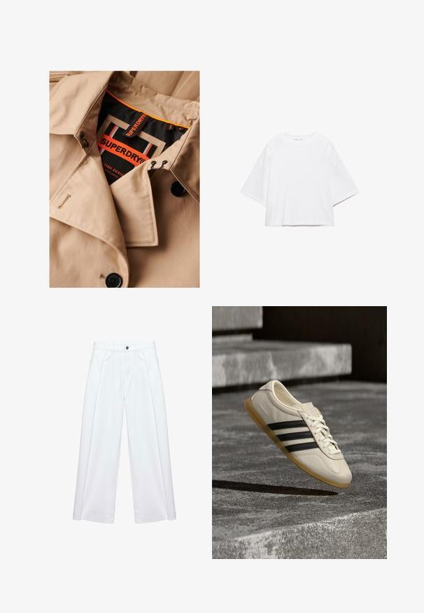 Beige trenchcoat met donkere knopen, dubbele borstsluiting en zwarte kraagvoering. Voorzien van een "SUPERDRY" label in oranje en zwart.; Wit, kort mouw, boxy t-shirt gemaakt van zacht katoen. Heeft een ronde hals en brede mouwen, met een strak, eenvoudig ontwerp.; Witte wijde broek met plooien aan de voorkant, riemlussen, zijzakken en sluiting met knoop en ritssluiting.; Witte sneaker met zwarte strepen en rubberen zool zwevend boven betonnen trap in zacht daglicht.