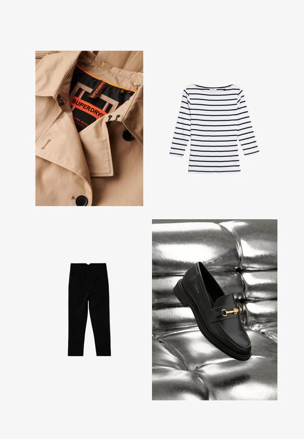 Beige trenchcoat met donkere knopen, dubbele borstsluiting en zwarte kraagvoering. Voorzien van een "SUPERDRY" label in oranje en zwart.; Marks & Spencer STRIPED SLASH NECK - Longsleeve - white mix; Zwarte op maat gemaakte broek tot aan de enkel met zijzakken en een licht taps toelopende pijp, plat liggend op een witte achtergrond.; Zwarte leren instapper met een goudkleurig hardware-detail. De schoen heeft een strak ontwerp en een gladde, glanzende textuur.