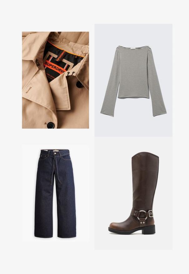 Beige trenchcoat met donkere knopen, dubbele borstsluiting en zwarte kraagvoering. Voorzien van een "SUPERDRY" label in oranje en zwart.; Lange mouwen, cropped top in gedempte grijs- en wit horizontale strepen, gemaakt van zachte stof met een brede, bootstijl halslijn en uitlopende mouwen.; Wijd pijpjes donkerblauwe denim jeans met een hoge taille, voorzien van een trekkoord, vijf zakken en contrasterende stiksels.; Bruine leren kniehoge laars met een rond metalen hardwareaccent en gesp. Licht gestructureerd bovenwerk, gestapelde hak en rond neusontwerp.