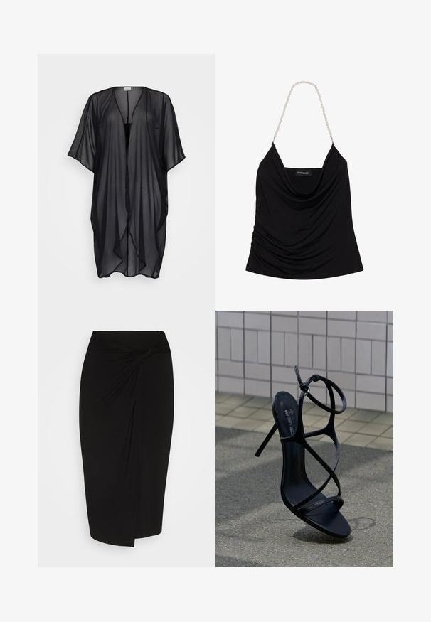Kimono noir transparent à devant ouvert et manches courtes et larges ; léger avec une forme fluide et une texture lisse.; Débardeur noir drapé avec un col en cowl et un tissu texturé. Doté de bretelles en chaîne de perles et d'une étiquette logo à l'intérieur.; Jupe noire mi-longue en tissu doux et extensible, avec un détail de nœud torsadé à la taille et une silhouette élégante et ajustée.; Sandale noire à talon haut avec fines lanières et boucle à la cheville, positionnée debout sur un trottoir gris près d'un mur carrelé en arrière-plan.