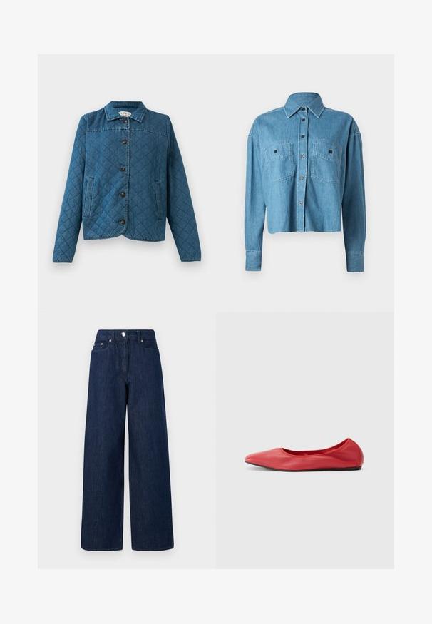 Chaqueta de mezclilla acolchada con cuello, mangas largas, botones frontales y dos bolsillos laterales sobre un fondo liso.; CLOSED CROPPED FRONT OVERSIZED - Blusa - mid blue; Jeans de tiro alto, de pierna ancha y de color azul oscuro, con cierre de botón, bolsillos frontales y pasadores para cinturón sobre un fondo blanco.; Filippa K REY FLATS - Bailarinas - bright red