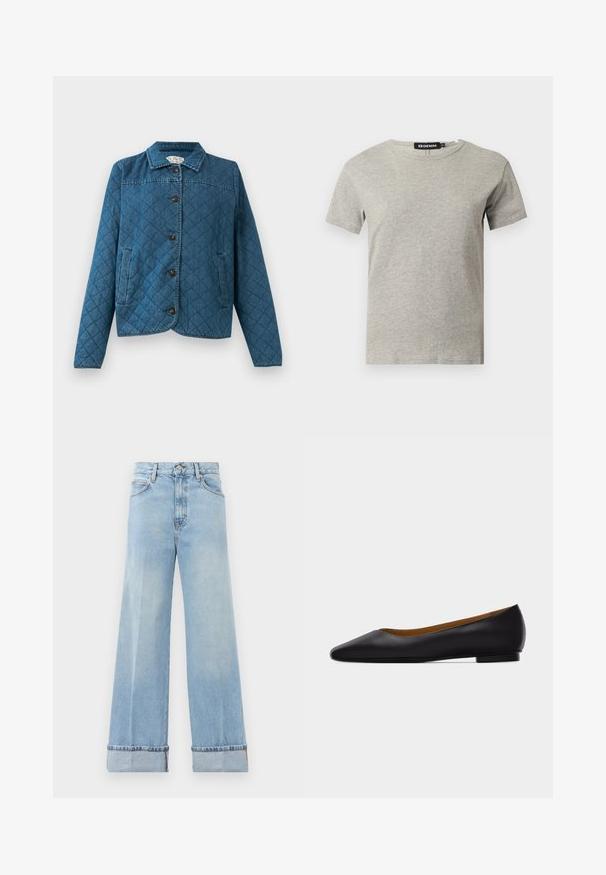 Chaqueta de mezclilla acolchada con cuello, mangas largas, botones frontales y dos bolsillos laterales sobre un fondo liso.; Camiseta de algodón gris claro de manga corta con cuello redondo y etiqueta negra visible dentro del cuello que dice "DENIM" y talla "S".; Jeans anchos de color azul claro hechos de denim, con una cintura alta, dobladillos enrollados y un diseño clásico de cinco bolsillos. Acabado limpio con un desgaste mínimo.; Zapato plano de punta puntiaguda de cuero negro con tacón bajo y acabado liso, mostrado de perfil sobre un fondo gris claro.