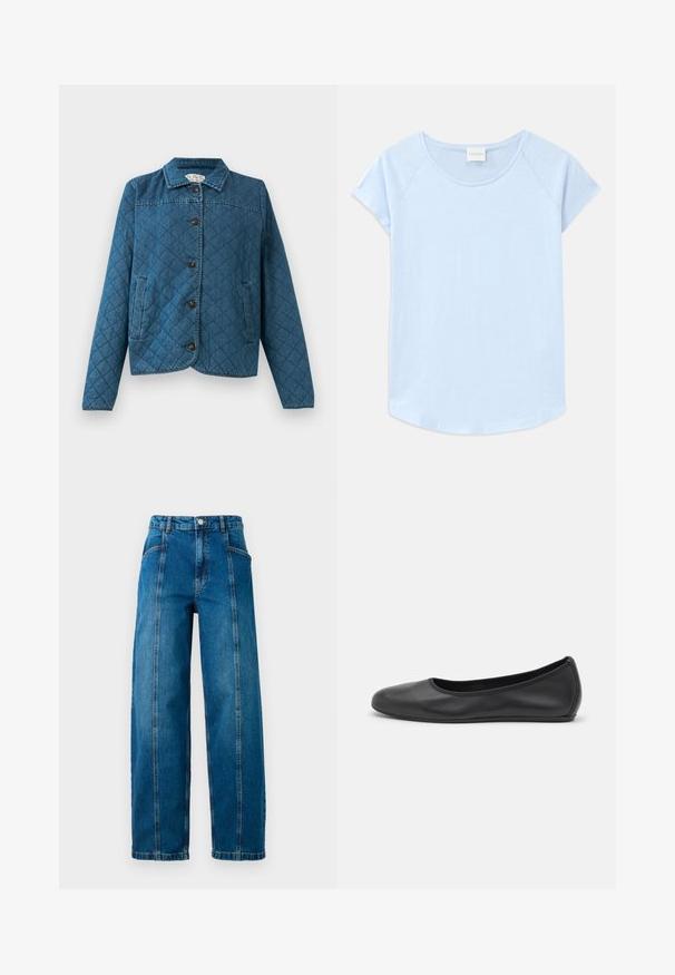 Chaqueta de mezclilla acolchada con cuello, mangas largas, botones frontales y dos bolsillos laterales sobre un fondo liso.; Camiseta de manga corta azul claro con escote redondeado, corte relajado y dobladillo curvado. Fabricada con una tela suave y de textura lisa.; Jeans de mezclilla azul de talle alto con piernas anchas, costuras verticales frontales, bolsillos laterales, trabillas para cinturón y cierre de botón.; Bailarina de piel negra con punta redondeada, textura suave, detalle de costura minimalista y diseño de suela flexible.