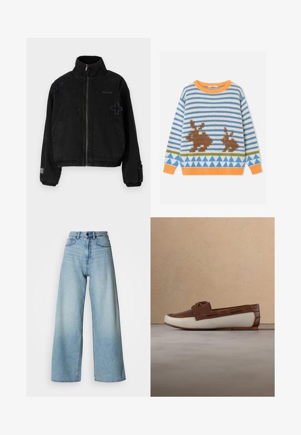 Sort jakke lavet af bomuld med lynlås foran, der har to forlommer, præget logo og teksturerede krydsdesigns på stoffet.; Børns langærmede strikkede sweater med blå og hvide striber, orange krave og manchetter, brune kaninmotiver og blåt trekantsmønster.; Lyseblå, højtaljede, vidtbenede jeans lavet af denim, med fem-lommers design og subtile falmede detaljer for tekstur.; Brun læderloafer med cremefarvet sål og snøredetaljer, der svæver over et beige tæppe og en sofa i et rum med neutrale farvetoner.