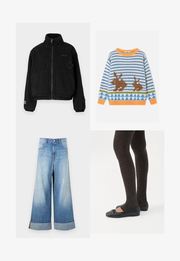 Sort jakke lavet af bomuld med lynlås foran, der har to forlommer, præget logo og teksturerede krydsdesigns på stoffet.; Børns langærmede strikkede sweater med blå og hvide striber, orange krave og manchetter, brune kaninmotiver og blåt trekantsmønster.; Blå cowboybukser med brede ben, opsmøgede kanter, knaplukning foran, lynlås og fem lommer.; Ben iført mørke ribbede leggings kombineret med sorte balletsko med små sløjfedetaljer på hvid baggrund.