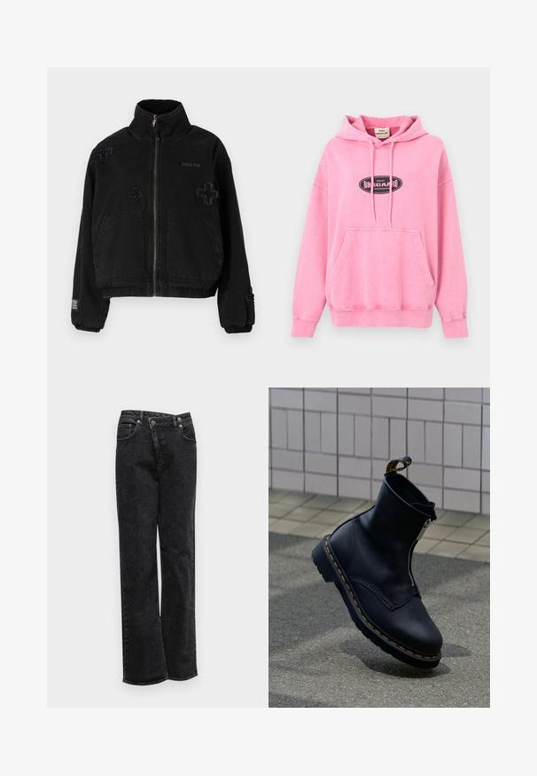 Sort jakke lavet af bomuld med lynlås foran, der har to forlommer, præget logo og teksturerede krydsdesigns på stoffet.; Lyserød pullover-hættetrøje lavet af blød bomuld med en kængurulomme foran. Har en sort oval logo på brystet og snoretræk i hætten.; Sorte denimjeans med lige pasform, med knaplukning, fem lommer, subtil tekstur og uelastiske kanter.; Sort læderankelstøvle med lynlås i siden, tekstureret overflade, gule syninger som accent og en gummisål.