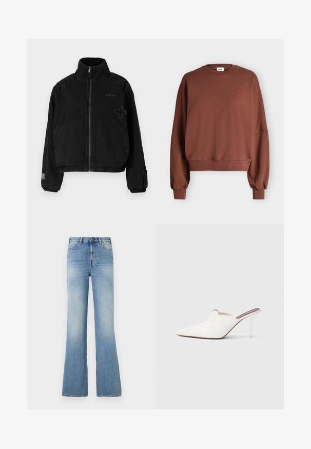 Sort jakke lavet af bomuld med lynlås foran, der har to forlommer, præget logo og teksturerede krydsdesigns på stoffet.; Brun langærmet sweatshirt med ribstrikkede manchetter og kant, rund halsudskæring og subtilt broderet "Drykorn" logo på venstre bryst.; Lyseblå højtaljede jeans med knap og lynlås foran, fem lommer, let udvidede ben og diskrete falmede områder på lårene.; Hvide mule sko med spids snude, plisseret tekstur på overdelen og en slank stilet hæl. Glat overflade og minimalistisk design.