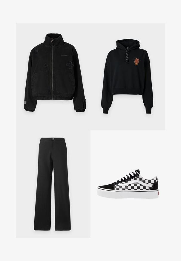 Sort jakke lavet af bomuld med lynlås foran, der har to forlommer, præget logo og teksturerede krydsdesigns på stoffet.; Sort cropped hoodie med et sommerfugle-tryk i orange nuancer på brystet, med en snørehætte og ribbede manchetter.; Sorte bukser med vid ben lavet af et blødt stof, med knaplukning foran, rene linjer og et minimalistisk design uden mønstre.; Sorte og hvide ternede lærredsnickers med sorte ruskindsdetaljer, hvide snørebånd og gummisål. Logoet på siden har et kontrastdesign.