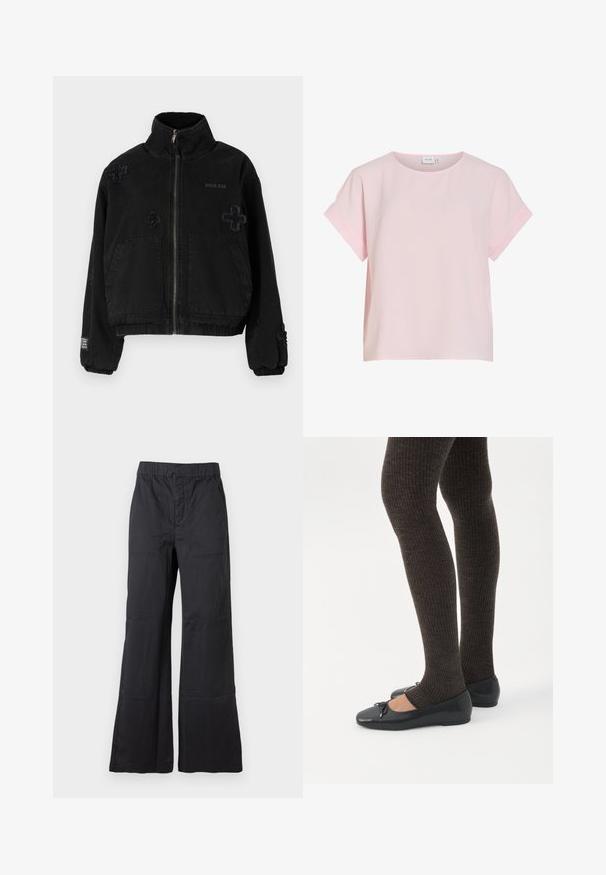 Chaqueta negra de algodón con cierre de cremallera en la parte delantera, que cuenta con dos bolsillos frontales, logotipo embossado y diseños cruzados texturizados en la tela.; Blusa rosa claro de manga corta con escote redondo y puños de las mangas doblados, hecha de tela suave y ligera.; Pantalones negros de pierna ancha con cintura elástica y grandes bolsillos delanteros de parche, exhibidos sobre un fondo claro y liso.; Piernas con leggings oscuros acanalados combinados con bailarinas negras que presentan pequeños detalles de lazo sobre un fondo blanco.