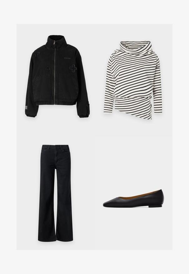 Sort jakke lavet af bomuld med lynlås foran, der har to forlommer, præget logo og teksturerede krydsdesigns på stoffet.; Asymmetrisk langærmet top i creme med sorte striber, med en høj krave og draperet frontdesign med en tekstureret overflade.; Sorte bukser med brede ben lavet af denim. Har et klassisk fem-lomme design, lynlåsåbning og subtile stikningsdetaljer. Glat overflade.; Sort læder flad sko med spids tå, lav hæl og glat finish, vist fra siden på en lysegrå baggrund.