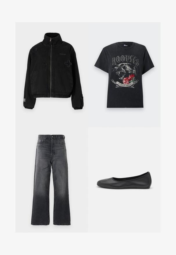 Chaqueta negra de algodón con cierre de cremallera en la parte delantera, que cuenta con dos bolsillos frontales, logotipo embossado y diseños cruzados texturizados en la tela.; Camiseta negra con texto "KOOPLES", ilustración de pantera rugiente, flores rojas y diseño de pancarta "WILD TOUR" en el frente.; Jeans de mezclilla anchos en gris oscuro, con una cintura alta, bolsillos frontales y un cierre clásico de botones. Desvanecimiento sutil visible.; Bailarina de piel negra con punta redondeada, textura suave, detalle de costura minimalista y diseño de suela flexible.