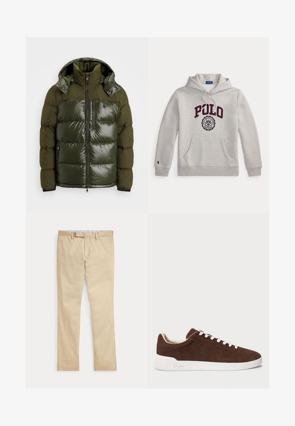 Groene pufferjack met een glanzende afwerking. Heeft een hoge kraag, afneembare capuchon, ritssluiting en twee zijzakken. Gemaakt van polyester.; Lichtgrijze hoodie met "POLO" in grote bordeauxrode letters en een cirkelvormig Polo Ralph Lauren New York-embleem onderaan aan de voorkant.; Beige broek met rechte pijpen, ceintuurlussen en een voorrits, plat gelegd tegen een witte achtergrond.; Bruine suède low-top sneakers met een witte rubberen zool, witte veters en een geborduurd Polo-logo op de zijkant.