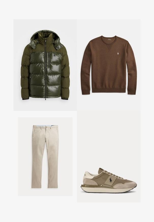 Chaqueta acolchada verde con un acabado brillante. Dispone de un alto cuello, capucha desmontable, cierre con cremallera y dos bolsillos laterales. Material de poliéster.; Sudadera marrón hecha de tela suave, con cuello redondo, puños acanalados y un pequeño logo de polo blanco en el pecho izquierdo.; Pantalones de algodón beige de pierna recta con bolsillos delanteros, trabillas para cinturón, cierre de botón y cremallera, mostrados extendidos sobre un fondo blanco.; Vista lateral de zapatilla beige y marrón con detalles en ante y logo Polo en el lateral sobre un fondo liso.