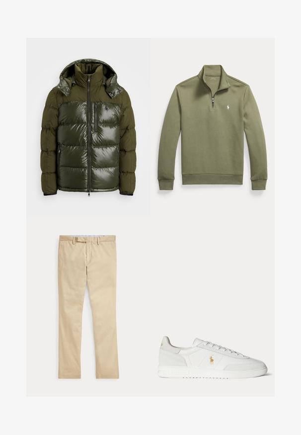 Chaqueta acolchada verde con un acabado brillante. Dispone de un alto cuello, capucha desmontable, cierre con cremallera y dos bolsillos laterales. Material de poliéster.; Jersey tipo pulóver de manga larga en verde oliva con cremallera hasta un cuarto, cuello alzado y pequeño logo blanco de Polo Ralph Lauren en el pecho.; Pantalones beige de corte recto con trabillas para cinturón y cremallera frontal, colocados planos sobre un fondo blanco.; Zapatilla blanca de caña baja con diseño de cordones, logo dorado de Polo Ralph Lauren en el lateral y suela texturizada sobre un fondo liso.