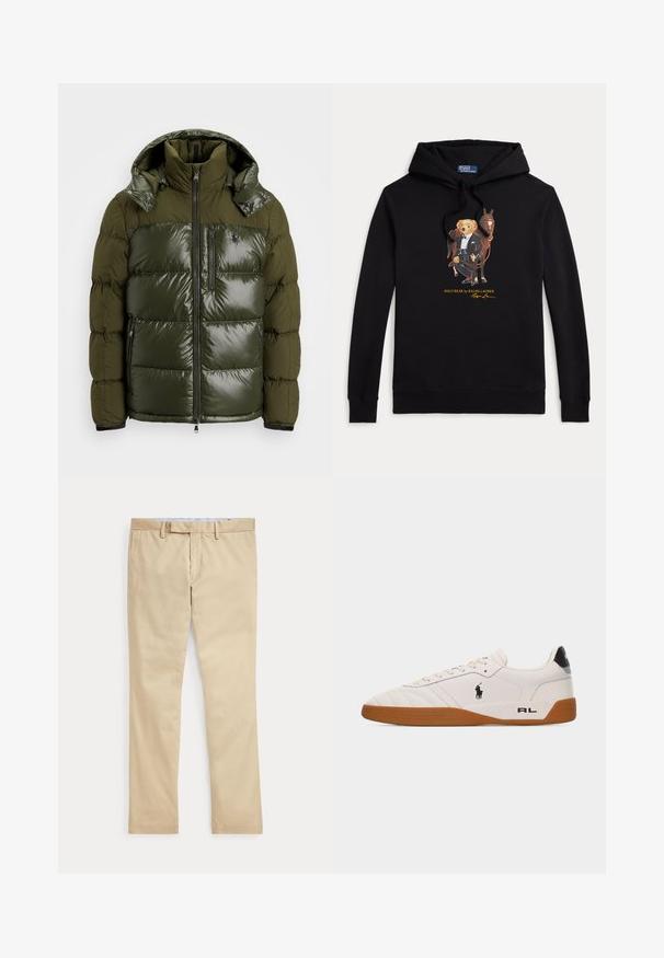 Groene pufferjack met een glanzende afwerking. Heeft een hoge kraag, afneembare capuchon, ritssluiting en twee zijzakken. Gemaakt van polyester.; Zwarte hoodie met Polo Bear in een smoking die de teugels van een paard vasthoudt, tekst "POLO BEAR by RALPH LAUREN" onder de afbeelding.; Beige broek met rechte pijpen, ceintuurlussen en een voorrits, plat gelegd tegen een witte achtergrond.; Witte lage sneaker met een bruine rubberen zool, zwart Polo Ralph Lauren-logo aan de zijkant en de tekst "RL" op het hielgedeelte.