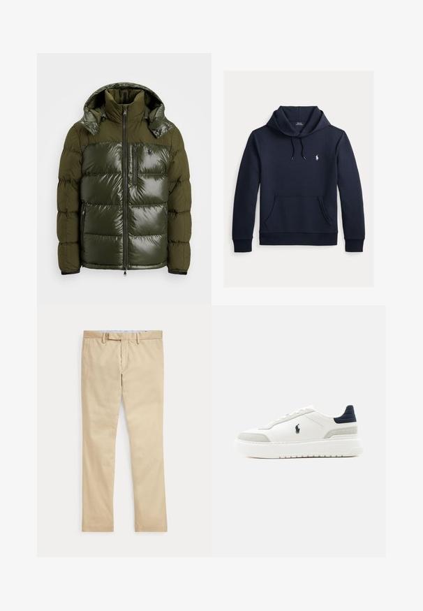 Chaqueta acolchada verde con un acabado brillante. Dispone de un alto cuello, capucha desmontable, cierre con cremallera y dos bolsillos laterales. Material de poliéster.; Sudadera con capucha azul navy oscuro con bolsillo canguro delantero, capucha con cordón, mangas largas y pequeño logo blanco de Polo Ralph Lauren en el pecho.; Pantalones beige de corte recto con trabillas para cinturón y cremallera frontal, colocados planos sobre un fondo blanco.; Zapatilla blanca de corte bajo con lengüeta trasera negra, detalles en ante gris, suela gruesa y logo Polo negro en el lateral exterior.