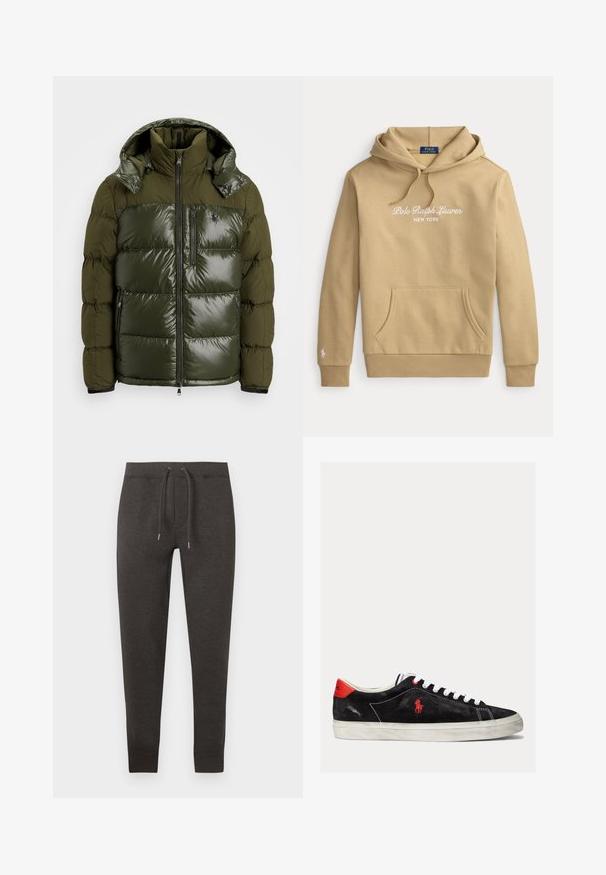 Grønne pufferjakke med en skinnende finish. Har høj krave, aftagelig hætte, lynlåslukning og to sidelommer. Polyester materiale.; Beige Polo Ralph Lauren hættetrøje med frontlomme, snor til hætte og hvidt broderet logo på bryst og ærme.; Mørkegrå joggingbukser lavet af blødt materiale, med elastisk talje med snor, tilspidsede ben og manchetter ved anklerne.; Sorte ruskind sneakers med hvide snørebånd, røde accenter på hælen og et lille rødt logo. Har en flad gummisål og enkel syning.