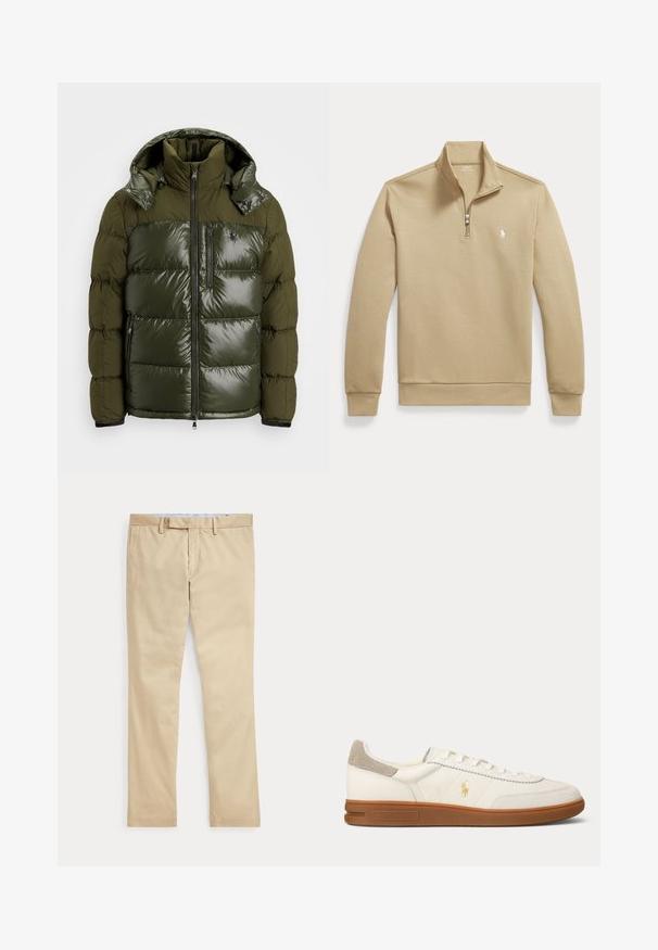 Grüne Daunenjacke mit einem glänzenden Finish. Verfügt über einen hohen Kragen, eine abnehmbare Kapuze, einen Reißverschluss und zwei Seitentaschen. Aus Polyester gefertigt.; Beiger Langarm-Quarter-Zip-Pullover mit Stehkragen und kleinem weißem Polo-Spieler-Logo auf der linken Brust.; Beige gerade Hose mit Gürtelschlaufen und einem vorderen Reißverschluss, flach auf weißem Hintergrund gelegt.; Weißer Leder-Low-Top-Sneaker mit brauner Gummisohle, beigem Wildleder-Absatzfleck und kleinem goldenen Polo-Logo an der Seite.