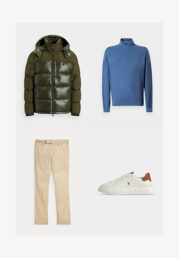 Groene pufferjack met een glanzende afwerking. Heeft een hoge kraag, afneembare capuchon, ritssluiting en twee zijzakken. Gemaakt van polyester.; Blauwe pullover sweatshirt met een half-rits kraag, geribde mouwen en een klein geborduurd logo op de borst. Gemaakt van zachte stof met een gladde textuur.; Beige broek met rechte pijpen, ceintuurlussen en een voorrits, plat gelegd tegen een witte achtergrond.; Witte lage sneaker met een bruine hieltab, veterluiting aan de voorkant, dikke zool en klein geborduurd paardenlogo aan de zijkant.