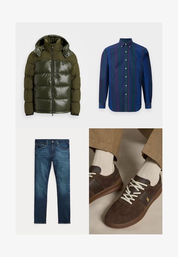 Grønne pufferjakke med en skinnende finish. Har høj krave, aftagelig hætte, lynlåslukning og to sidelommer. Polyester materiale.; Knap-up skjorte med lodrette striber i mørkeblå, grøn og maroon. Fremstillet af stof med en glat tekstur og en brystlomme.; Mørkeblå slim-fit jeans med frontknap og lynlås, fem lommer og subtil falmen på forreste lår og knæ.; Brune ruskindssneakers med hvide snørebånd båret med beige ribstrikkede sokker og lysebrune bukser.