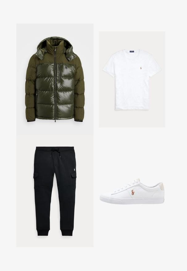 Groene pufferjack met een glanzende afwerking. Heeft een hoge kraag, afneembare capuchon, ritssluiting en twee zijzakken. Gemaakt van polyester.; Witte T-shirt met korte mouwen en ronde hals met klein geborduurd Polo Ralph Lauren-logo op de linkerborst en een blauw merklint binnenin de kraag.; Zwarte cargo joggerbroek met trekkoord in de taille, zijzakken met klep, geribde boorden en een klein wit polo speler logo op het rechterdijbeen.; Witte canvas sneakers met een laag ontwerp, featuring een beige hieltab en een klein geborduurd logo aan de zijkant. Rubber zool.