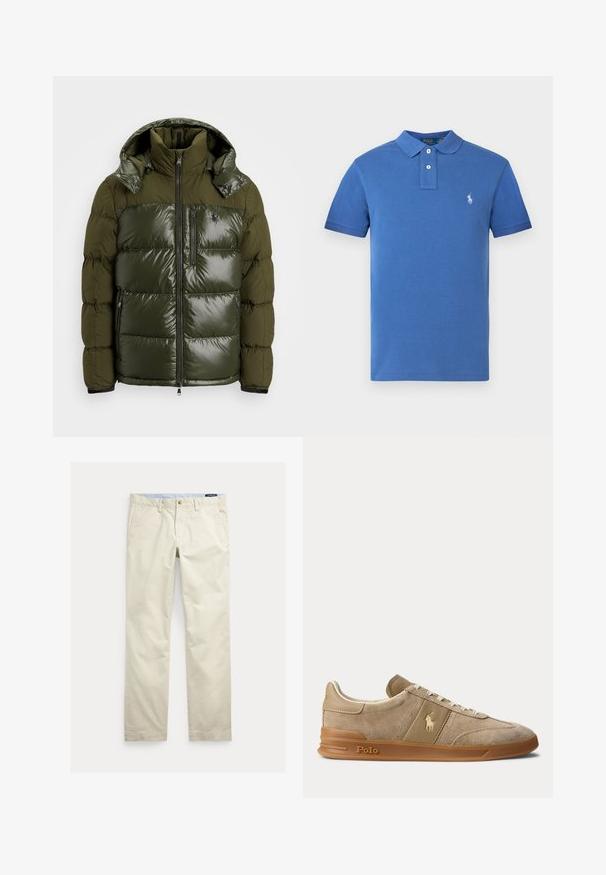 Groene pufferjack met een glanzende afwerking. Heeft een hoge kraag, afneembare capuchon, ritssluiting en twee zijzakken. Gemaakt van polyester.; Marineblauw poloshirt gemaakt van gestructureerde katoen, met een klassieke kraag, twee knopen en een geborduurd logo op de linkerborst.; Beige katoenen broek met rechte pijpen, riemlussen, voorste knoop, ritssluiting en zijzakken.; Beige suède en leren lage sneaker met gumzool, witte veters en Polo-logo op de zijkant en zool.
