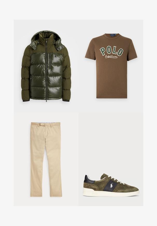Groene pufferjack met een glanzende afwerking. Heeft een hoge kraag, afneembare capuchon, ritssluiting en twee zijzakken. Gemaakt van polyester.; Bruine T-shirt met korte mouwen met groene en witte "POLO Ralph Lauren" tekst op de voorkant en klein wit polospelerlogo nabij de onderzoom.; Beige broek met rechte pijpen, ceintuurlussen en een voorrits, plat gelegd tegen een witte achtergrond.; Olijf groene suède sneakers met een marineblauwe accentpaneel, witte veters en een logo. Met een gestructureerd oppervlak en een witte rubberen zool.