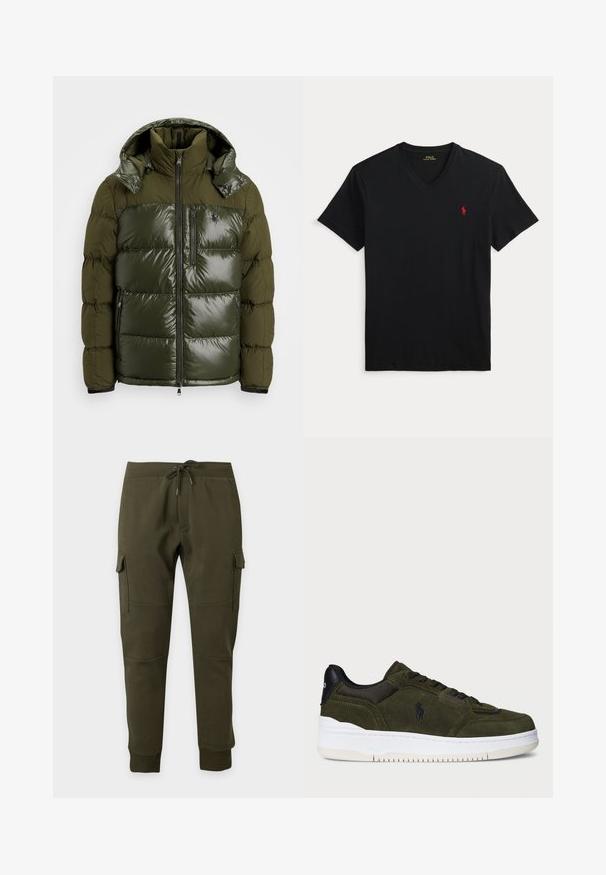 Groene pufferjack met een glanzende afwerking. Heeft een hoge kraag, afneembare capuchon, ritssluiting en twee zijzakken. Gemaakt van polyester.; Zwarte V-hals T-shirt met korte mouwen en een klein rood Polo Ralph Lauren-logo op de linkerborst.; Donkergroene cargojoggingbroek met trekkoord in de taille, zijzakken met klep, geribde enkelboorden en kniezaaddetails op een effen achtergrond.; Groene suède sneaker met zwarte mesh en leren accenten, witte rubberen zool, afgeronde vorm en reliëflogo aan de zijkant.