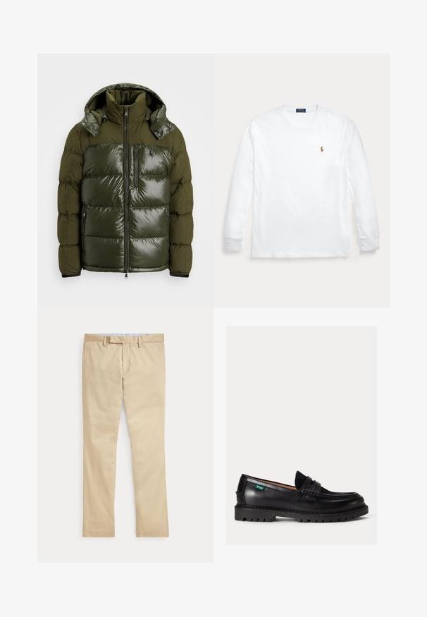 Groene pufferjack met een glanzende afwerking. Heeft een hoge kraag, afneembare capuchon, ritssluiting en twee zijzakken. Gemaakt van polyester.; Witte longsleeve met ronde hals en klein geborduurd Polo Ralph Lauren-logo op de linkerborst.; Beige broek met rechte pijpen, ceintuurlussen en een voorrits, plat gelegd tegen een witte achtergrond.; Zwarte leren loafer met dikke zool, afgeronde neus en een groene Polo logolabel aan de zijkant.