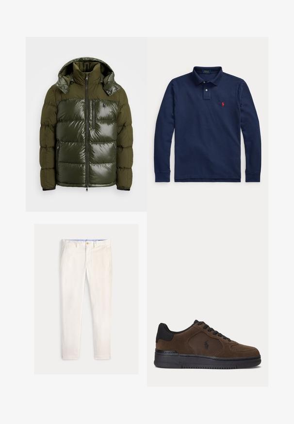 Groene pufferjack met een glanzende afwerking. Heeft een hoge kraag, afneembare capuchon, ritssluiting en twee zijzakken. Gemaakt van polyester.; Donkerblauw poloshirt met lange mouwen, kraag, twee knopen en een rood geborduurd logo op de linkerborst.; Slim-fit herensbroek in off-white met voorzakken, riemlussen en een knoopsluiting op een effen achtergrond.; Donkerbruine lage sneaker met zwarte zool, zwarte veters en een mesh zijpaneel met een klein zwart logo.