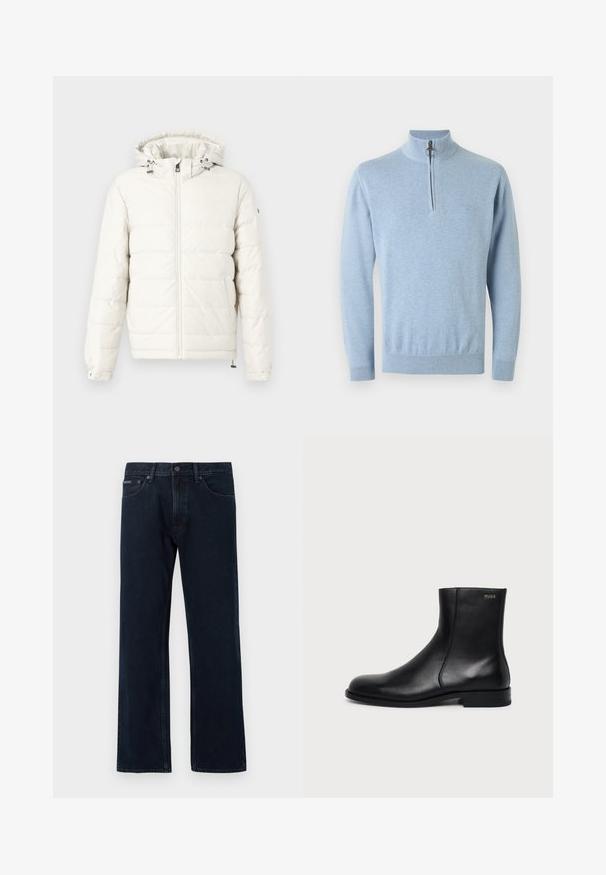 Veste blanche matelassée avec capuche, fermeture éclair à l'avant et cordon de serrage ajustable. Dispose de poignets à boutons-pression et d'une texture lisse et douce.; Pull en maille bleu ciel à manches longues avec demi-fermeture éclair et tirette en anneau, poignets et ourlet côtelés, et logo brodé discret sur la poitrine gauche.; Jean droit bleu foncé avec fermeture à bouton et zip à l'avant, poches avant, et passants pour ceinture.; Bottine en cuir noir à talon bas, couture latérale et petit logo "HUGO" sur le revers supérieur sur un fond uni.
