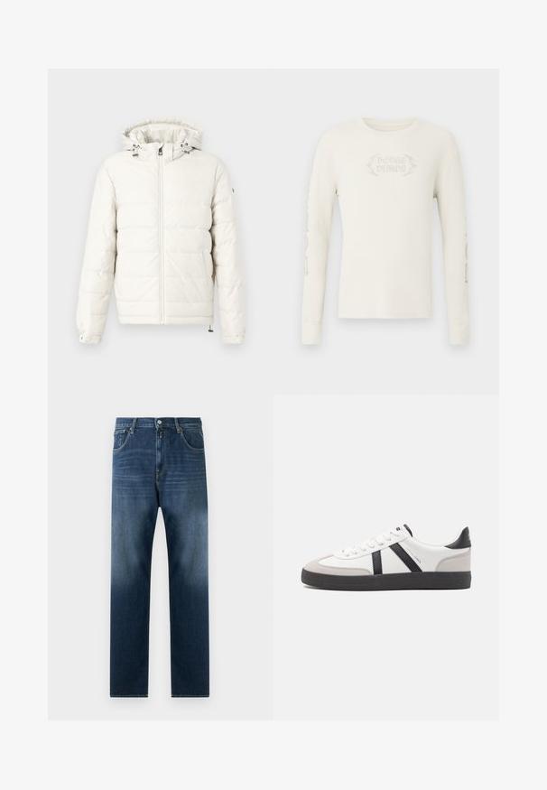 Veste blanche matelassée avec capuche, fermeture éclair à l'avant et cordon de serrage ajustable. Dispose de poignets à boutons-pression et d'une texture lisse et douce.; T-shirt à manches longues en coton côtelé crème avec "DODGE DEMON" brodé sur le devant et des graphismes imprimés sur la manche droite. Texture douce.; Jeans en denim bleu foncé avec un design à jambe droite. Les caractéristiques incluent des poches avant, une fermeture éclair et un léger délavage vers l'ourlet.; Baskets blanches avec des accents noirs et gris, présentant un embout texturé gris, une semelle en caoutchouc noir et des lacets plats blancs. Design épuré, style minimaliste.