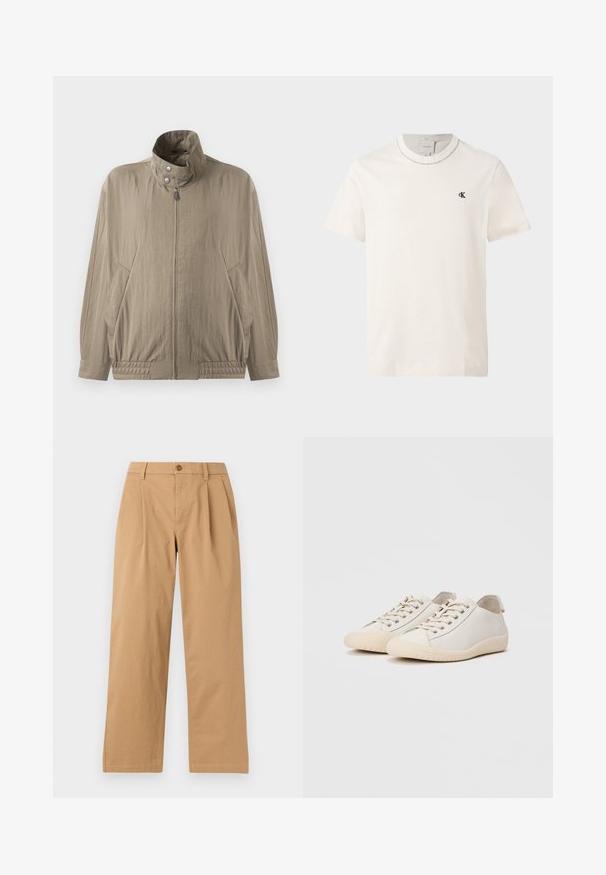 Veste casual beige clair avec col montant, fermeture éclair à l'avant, boutons-pression, manches longues et poches latérales, présentée sur un fond blanc.; T-shirt Calvin Klein à manches courtes couleur écru avec col rond et petit logo noir "cK" sur la poitrine gauche.; Pantalon droit marron clair avec des plis à l'avant, des passants de ceinture et une fermeture par bouton à la taille, présenté sur un fond uni.; Baskets blanches en cuir lisse avec des coutures ton sur ton, fermeture à lacets, bout arrondi et semelle en caoutchouc texturée.