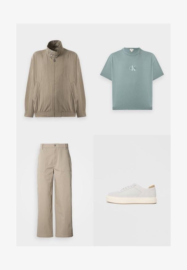 Veste casual beige clair avec col montant, fermeture éclair à l'avant, boutons-pression, manches longues et poches latérales, présentée sur un fond blanc.; T-shirt à manches courtes bleu sarcelle clair avec col rond, logo Calvin Klein centré en texte blanc et noir sur le devant.; Pantalon beige à jambes larges en coton ; doté de poches plaquées à l'avant, d'une fermeture à bouton et de coutures visibles le long des ourlets.; Baskets gris clair avec une tige synthétique lisse, un bout rond et une semelle intermédiaire texturée couleur crème. Accents beige clair au niveau du talon.