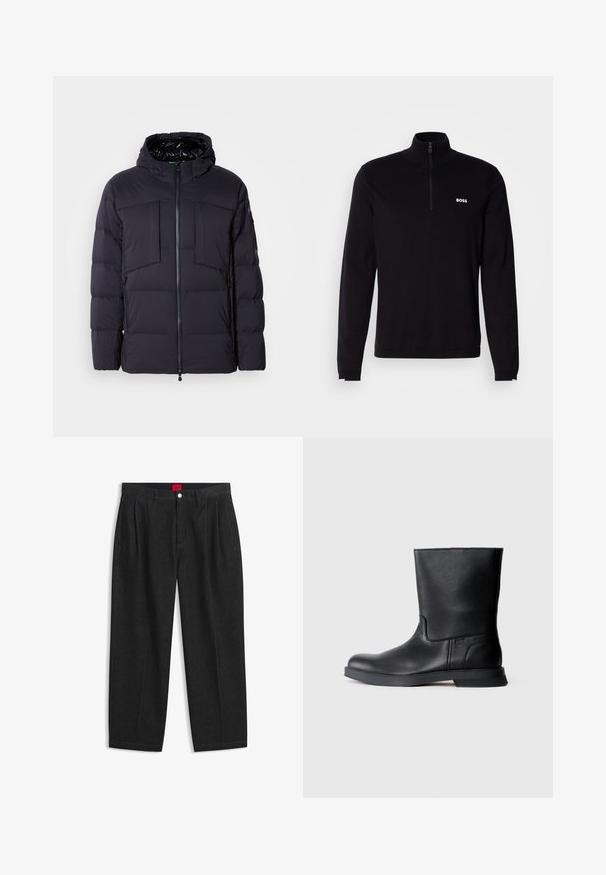 Polstret sort jakke med hætte, med en frontlynlås, to store brystlommer og sidelommer. Glat tekstur og quiltet design.; Sort langærmet pullover med halvlukket lynlås ved kraven, med ribbet tekstur og hvid "BOSS"-logo på brystet. Blød stoffinish.; Sorte bukser med høj talje med forreste læg, bæltestropper, knap og lynlås lukning samt en rød label indeni linningen.; Sorte læder ankelstøvler med tekstureret overflade, rund tå og lav gummisål. Enkel design uden synlig hardware eller udsmykninger.