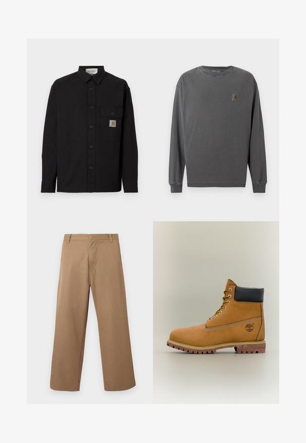 Black long-sleeve button-up shirt with collar, chest pocket featuring Carhartt logo patch, and buttoned cuffs, displayed on plain background.; Long-sleeve shirt in dark gray cotton. Features a round neck, elastic cuffs, and a small square logo patch on the left chest.; Beige wide-leg trousers with belt loops, front button, and zip closure, shown against a plain light background.; Brown leather ankle boot with black collar, yellow laces, and tan sole. Features logo and white stitching detail. Rugged traction outsole.