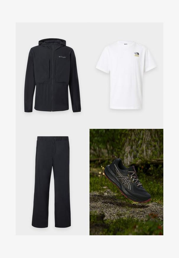 Veste noire à capuche avec une fermeture éclair à l'avant, deux grandes poches poitrine, des poignets élastiques et le logo Columbia sur la poitrine gauche.; T-shirt blanc à manches courtes avec col rond et petit logo noir et or The North Face 1966 sur la poitrine en haut à gauche.; Pantalon noir à jambe droite avec ceinture élastique et un seul bouton au-dessus de la braguette à glissière, présenté à plat sur fond blanc.; Chaussure de trail running noire et bordeaux avec des lacets gris suspendue au-dessus d'un sol forestier rocheux et des plantes vertes mousseuses.