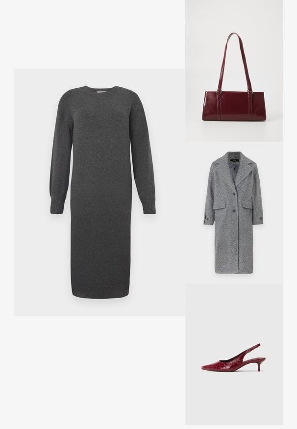 Grijze wollen blend jas met een notchlapel, twee voorzakken en knoopsluiting. Ontworpen met een relaxte pasvorm en lange mouwen.; Donkergrijze gebreide jurk met lange mouwen, ronde halslijn en geribbelde manchetten. Lengte tot halverwege het been en een gladde stof. Eenvoudig ontwerp zonder patronen.; Bordeaux lederen slingback pump met krokodillenstructuur, puntige neus, verstelbare gesp en lage kittenhak op een witte achtergrond.; Bourgondische handtas van glanzend materiaal, rechthoekige vorm, met twee schouderbanden en subtiele gebogen accenten aan de voorkant.