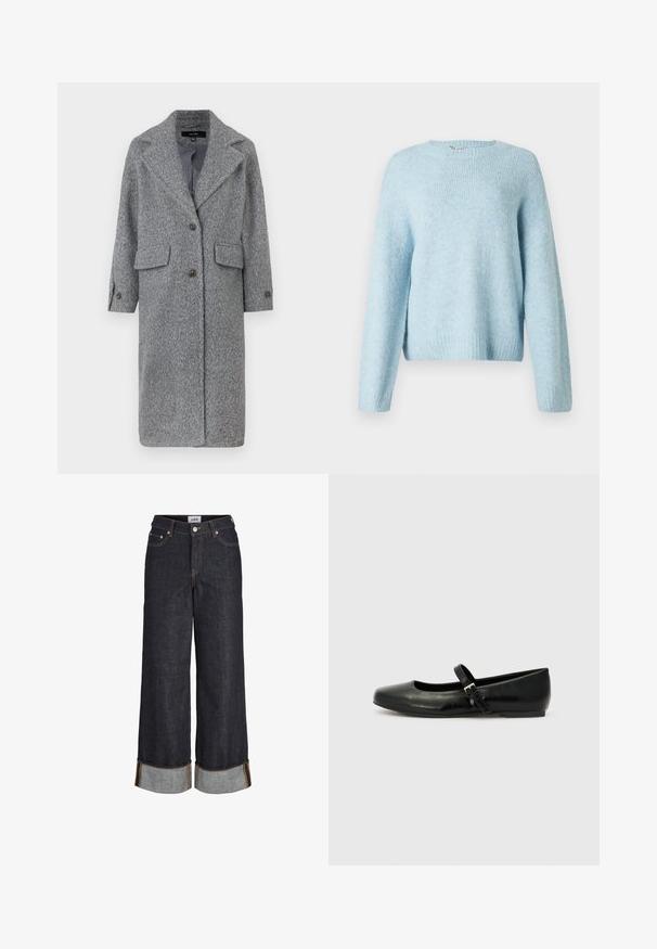 Grijze wollen blend jas met een notchlapel, twee voorzakken en knoopsluiting. Ontworpen met een relaxte pasvorm en lange mouwen.; Lichtblauwe gebreide trui met een ronde halslijn, lange mouwen en geribde manchetten. Zachte textuur en een relaxte pasvorm.; Donkerblauwe wijde jeans met omgeslagen zomen, vijf zakken en contrasterend gele stiksels.; Zwarte leren balletschoenen met een ronde neus, een platte zool en een dunne verstelbare band over de wreef met een metalen gesp.