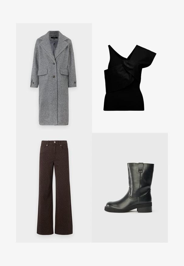 Grijze wollen blend jas met een notchlapel, twee voorzakken en knoopsluiting. Ontworpen met een relaxte pasvorm en lange mouwen.; Asymmetrische zwarte mouwloze top met één brede gerimpelde schouderdetail en geribd stoflichaam.; Bruine wijde jeans met een subtiele luipaardprint, vervaardigd uit denim met een gladde textuur en een klassieke vijf-pocket ontwerpen.; Zwarte leren laars tot halverwege de kuit met een lage blokhak, ronde neus en een trekband aan de zijkant tegen een effen achtergrond.