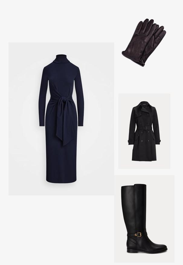 Schwarzer doppelreihiger Trenchcoat mit Gürtel, Schulterklappen, mit Knöpfen verschlossenen Taschen mit Klappen und Manschettenriemen, dargestellt auf einem schlichten Hintergrund.; Marineblaue langärmelige Midikleid mit Rollkragen und Frontbindedetail an der Taille, taillierte Silhouette.; Schwarzer kniehoher Lederstiefel mit niedrigem Absatz, goldener Schnalle und kleinem eingeprägtem Logo am Seitengurt.; CASH-MERE Fingerhandschuh - schwarz