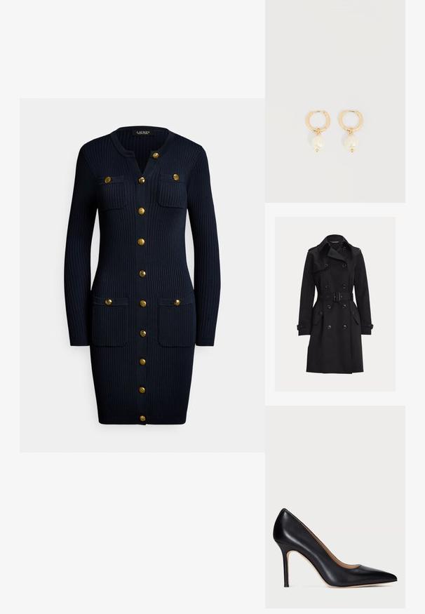 Zwarte dubbelgeknoopte trenchcoat met riem, schouderepauletten, klepzakken met knopen en manchetbandjes, getoond tegen een effen achtergrond.; Marineblauwe geribbelde gebreide jurk met lange mouwen, knopen aan de voorkant en twee borstzakken. Goudkleurige knopen benadrukken het ontwerp.; Zwarte leren hoge hakpumps met een spitse neus en een slanke stilettohak. De gladde textuur en minimale details zorgen voor een klassiek ontwerp.; Gouden creolen met hangende onregelmatige witte parels, getoond tegen een effen lichte achtergrond.