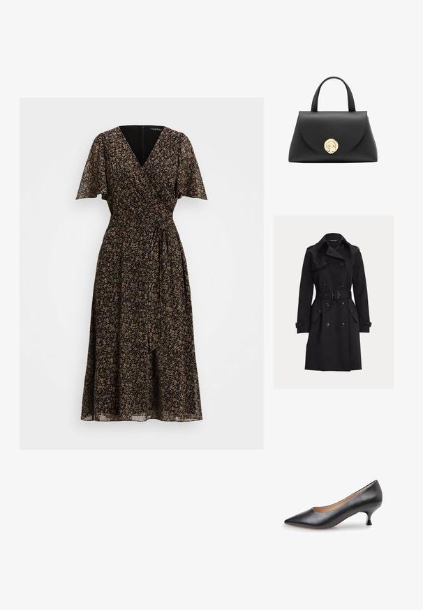 Schwarzer doppelreihiger Trenchcoat mit Gürtel, Schulterklappen, mit Knöpfen verschlossenen Taschen mit Klappen und Manschettenriemen, dargestellt auf einem schlichten Hintergrund.; Blumenwickelkleid in Schwarz mit kurzen, fließenden Ärmeln. Verfügt über einen tiefen V-Ausschnitt, eine taillierte Taille und einen schwingenden Rock mit einem Bindedetail.; Schwarzer Pumps aus Leder mit spitzer Kappe und niedrigem, ausgestelltem Absatz. Glatte Textur mit minimalen Nähdetails, ausgestattet mit einer beigen Innensohle.; Schwarze Lederhandtasche mit strukturierter Form, abgerundetem Oberteil und einem goldenen rundenverschluss. Sie hat kurze, stabile Griffe und eine glatte Textur.